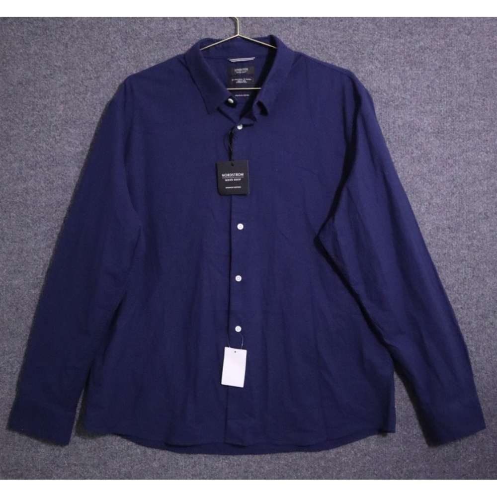 Nordstrom Shirt Men 2XL Blue Stretch Oxford Trim Fit Long Sleeve Button Down NWT